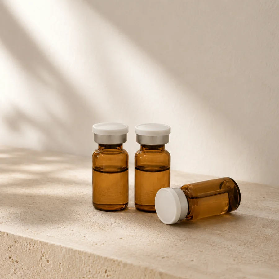 Amber biostimulator vials on a stone surface