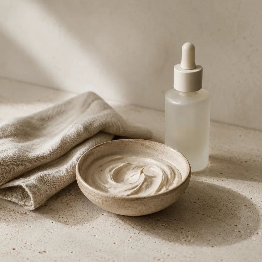 A ceramic bowl of treatment cream, linen cloth and a serum bottle