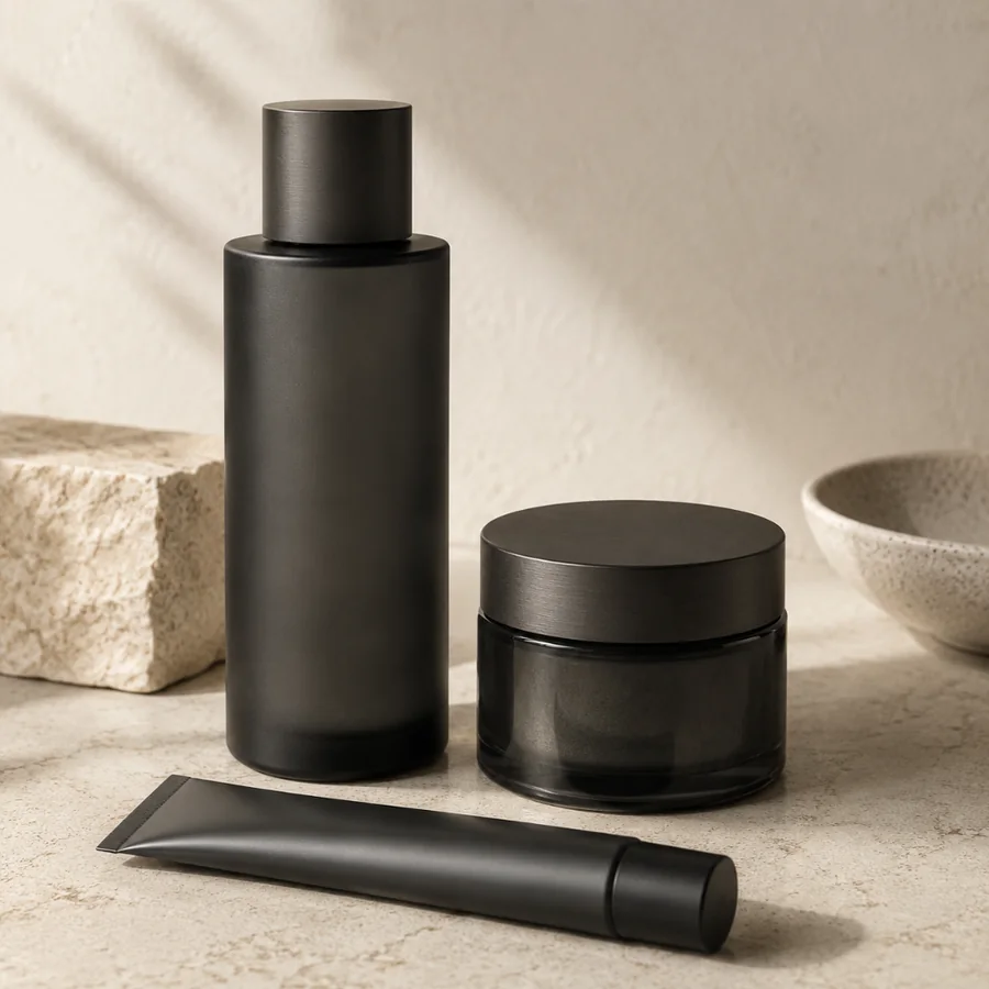 Men's grooming bottles and tube on a stone surface