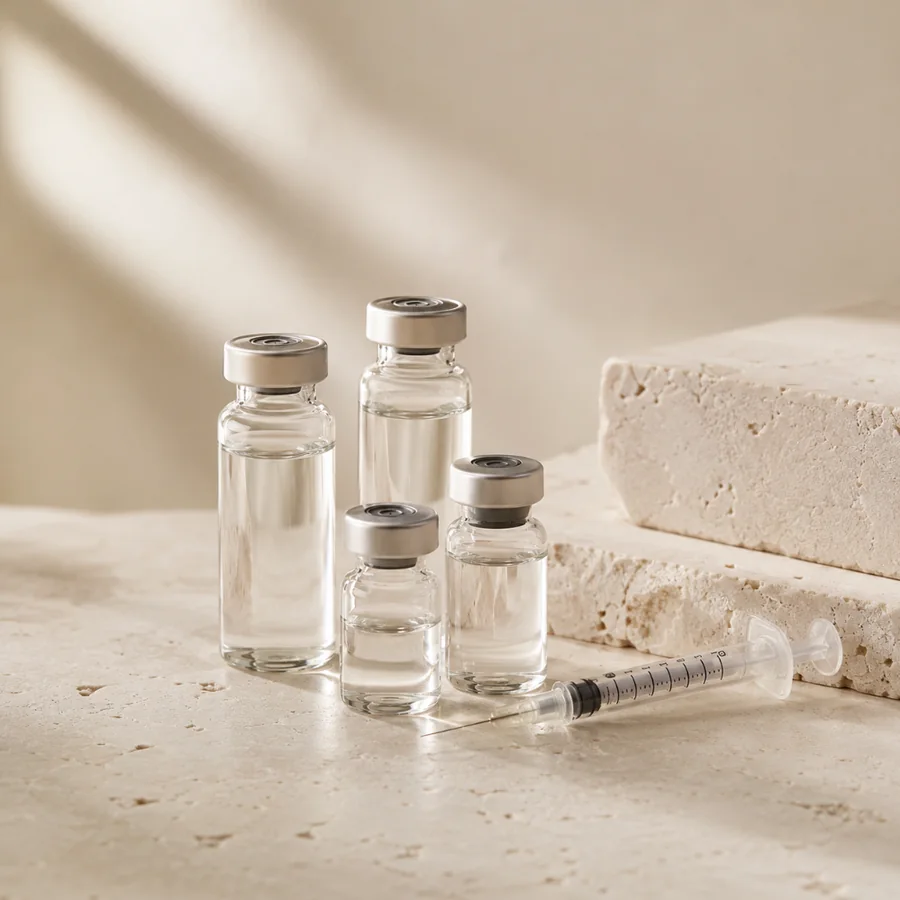 Glass vials and a syringe on a stone surface