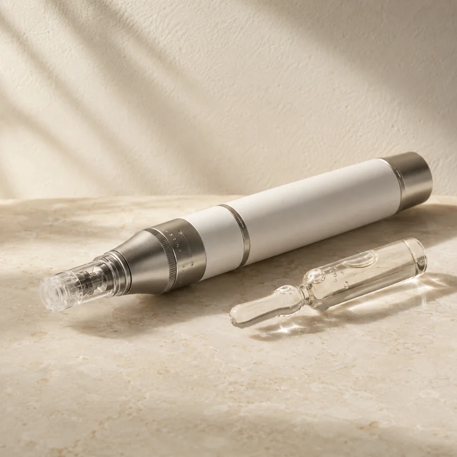 A microneedling pen and serum ampoule on a stone surface